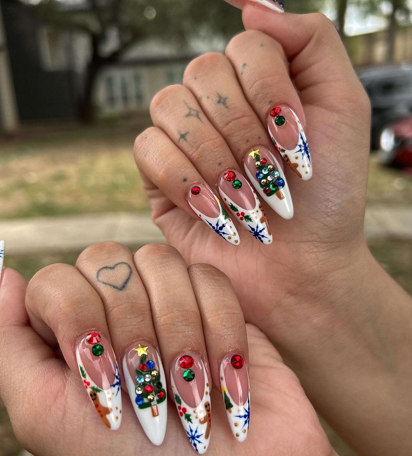 Festive Christmas Tree Rhinestone Almond French Nails