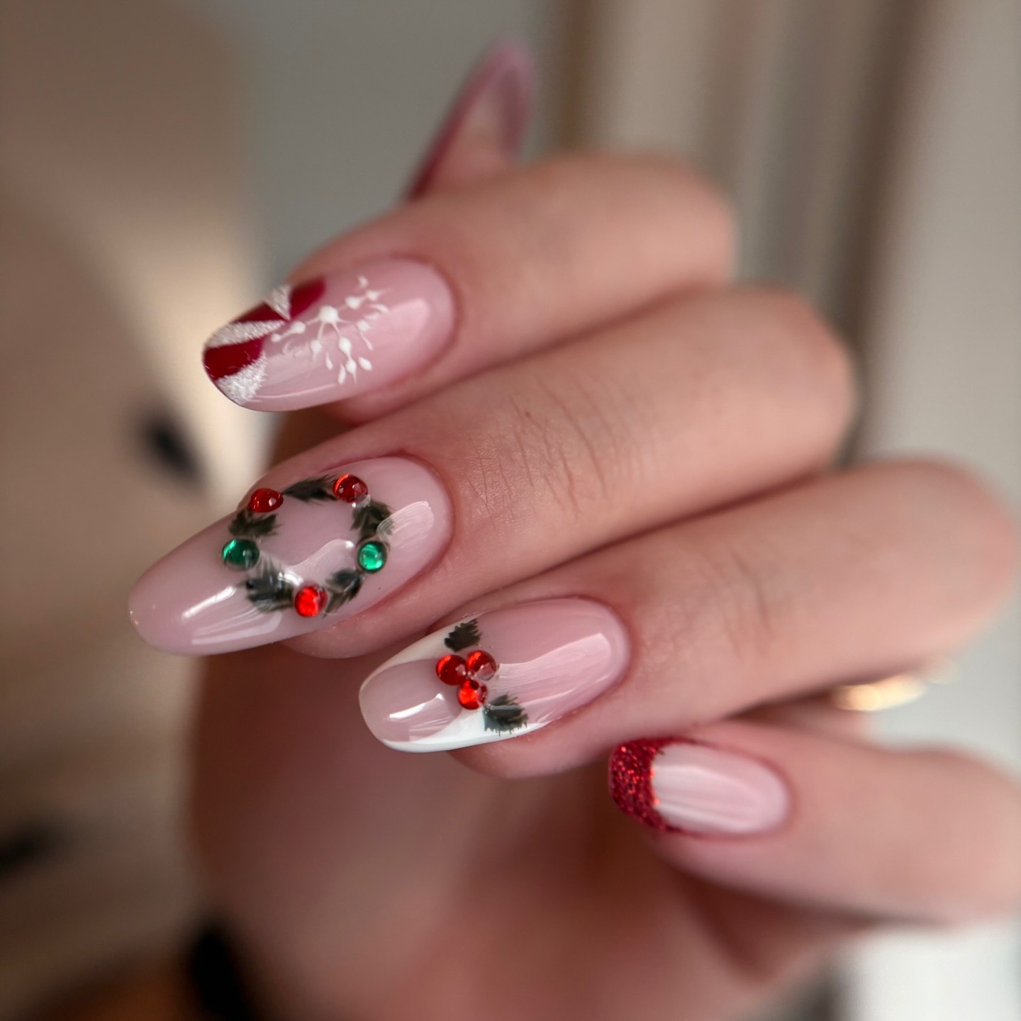 Festive Christmas Wreath French Tip Nails