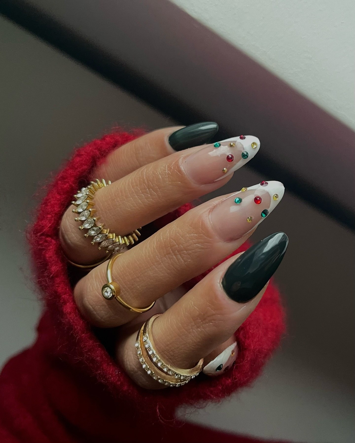 Festive French Tips with Gem Accents