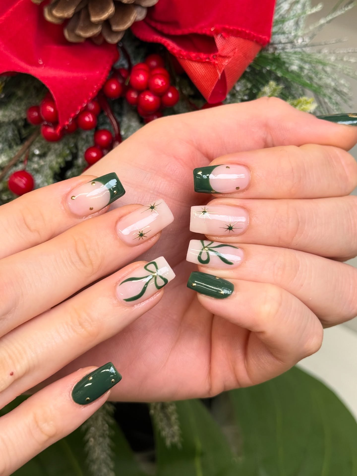 Festive Green Bow French Tip Nails