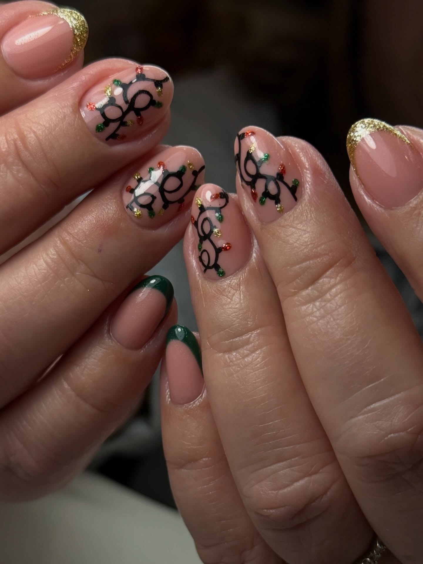 Festive Holiday Lights And Glitter French Tips