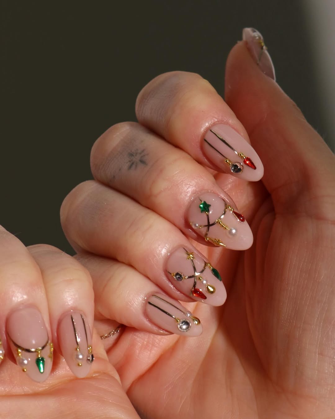 Festive Holiday String Light Almond Nail Art