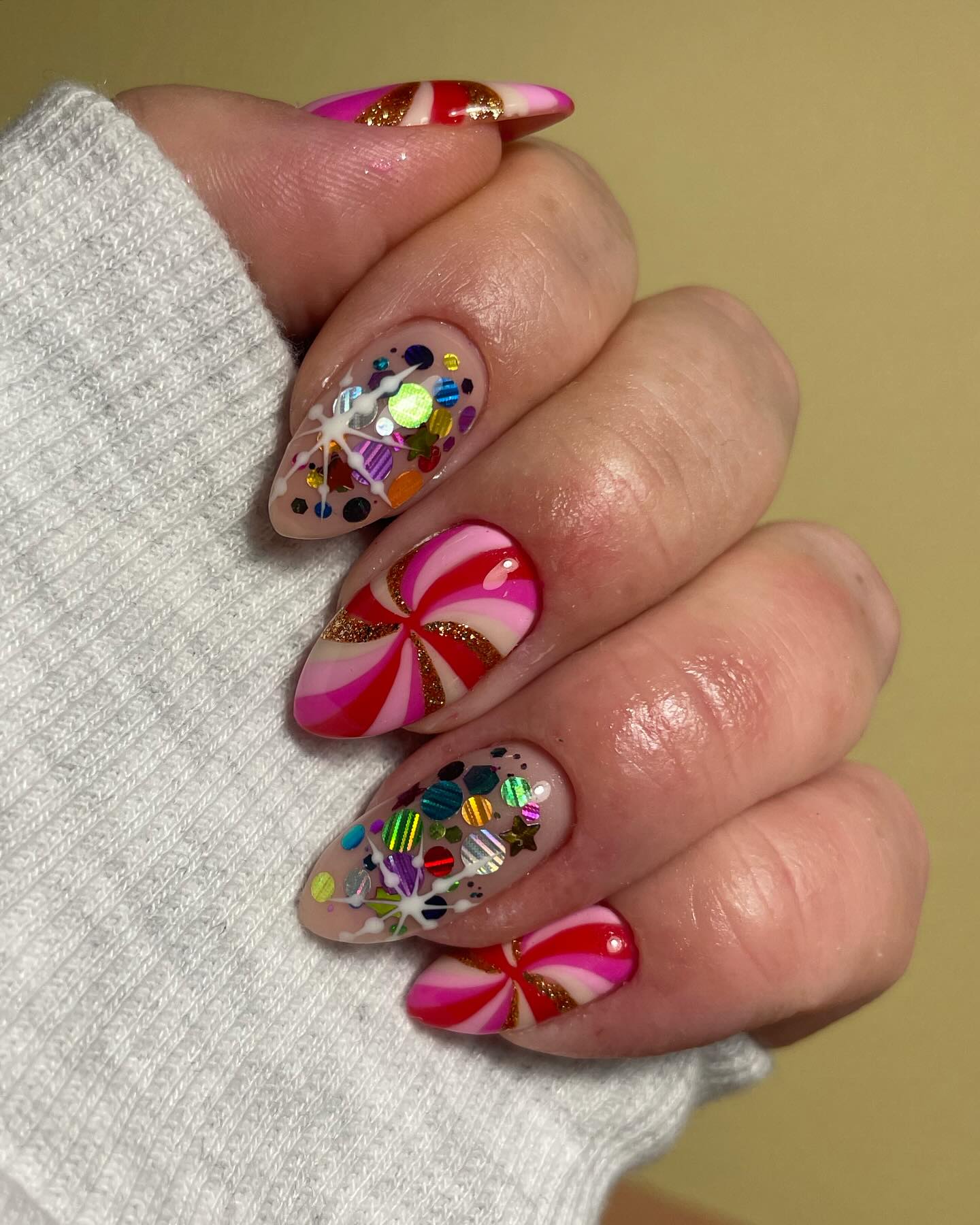 Festive Peppermint Swirl And Confetti Nail Art