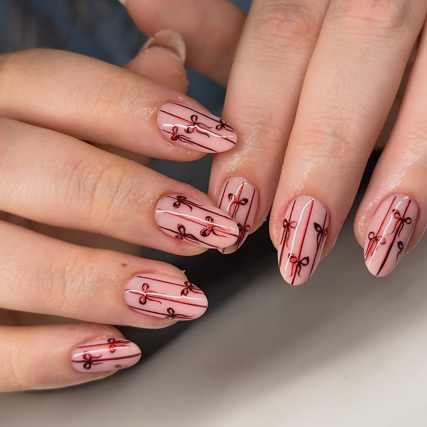 Festive Pink Bow Gift Wrap French Tips
