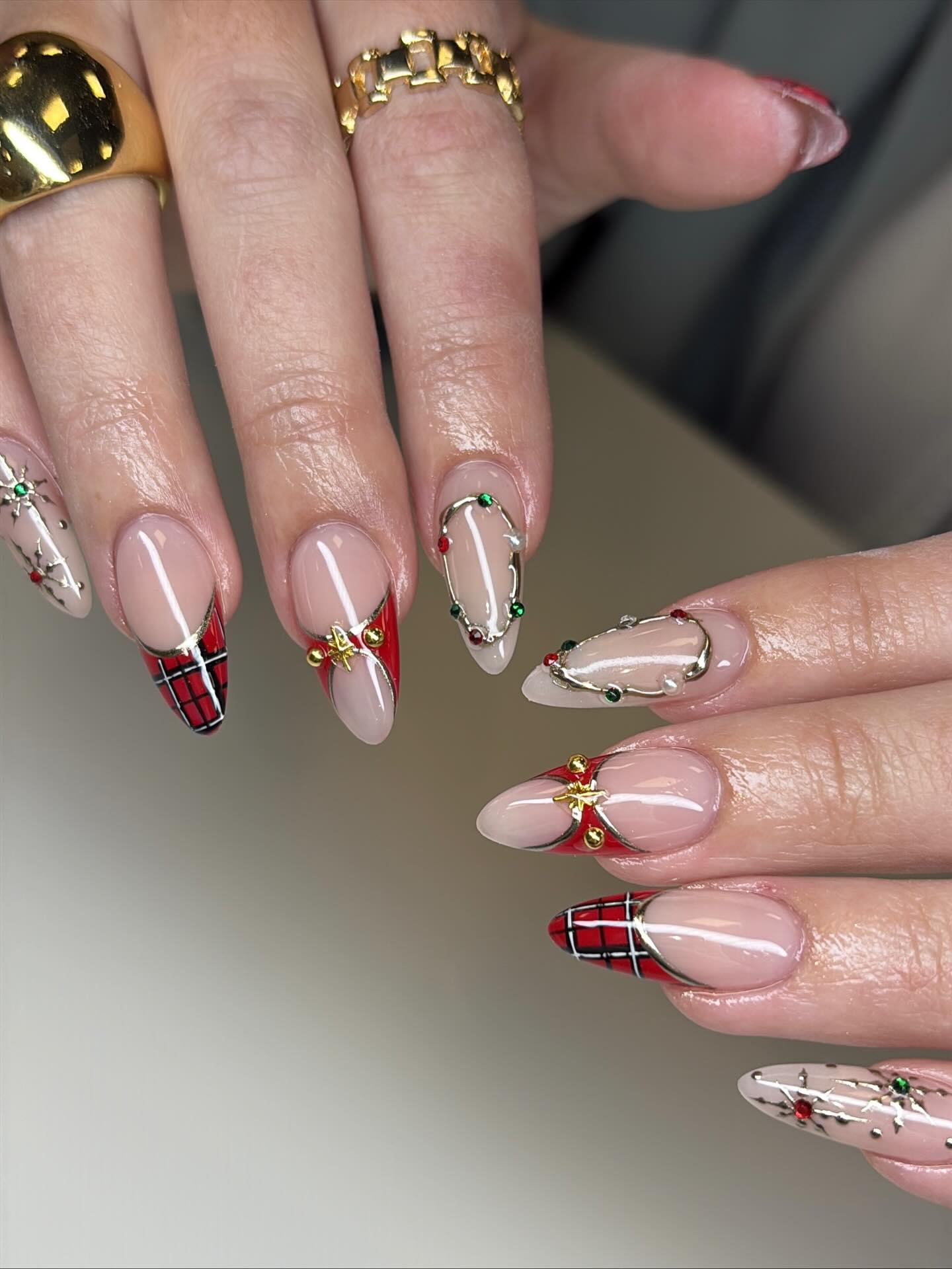 Festive Plaid & Jewel Almond Christmas Nails