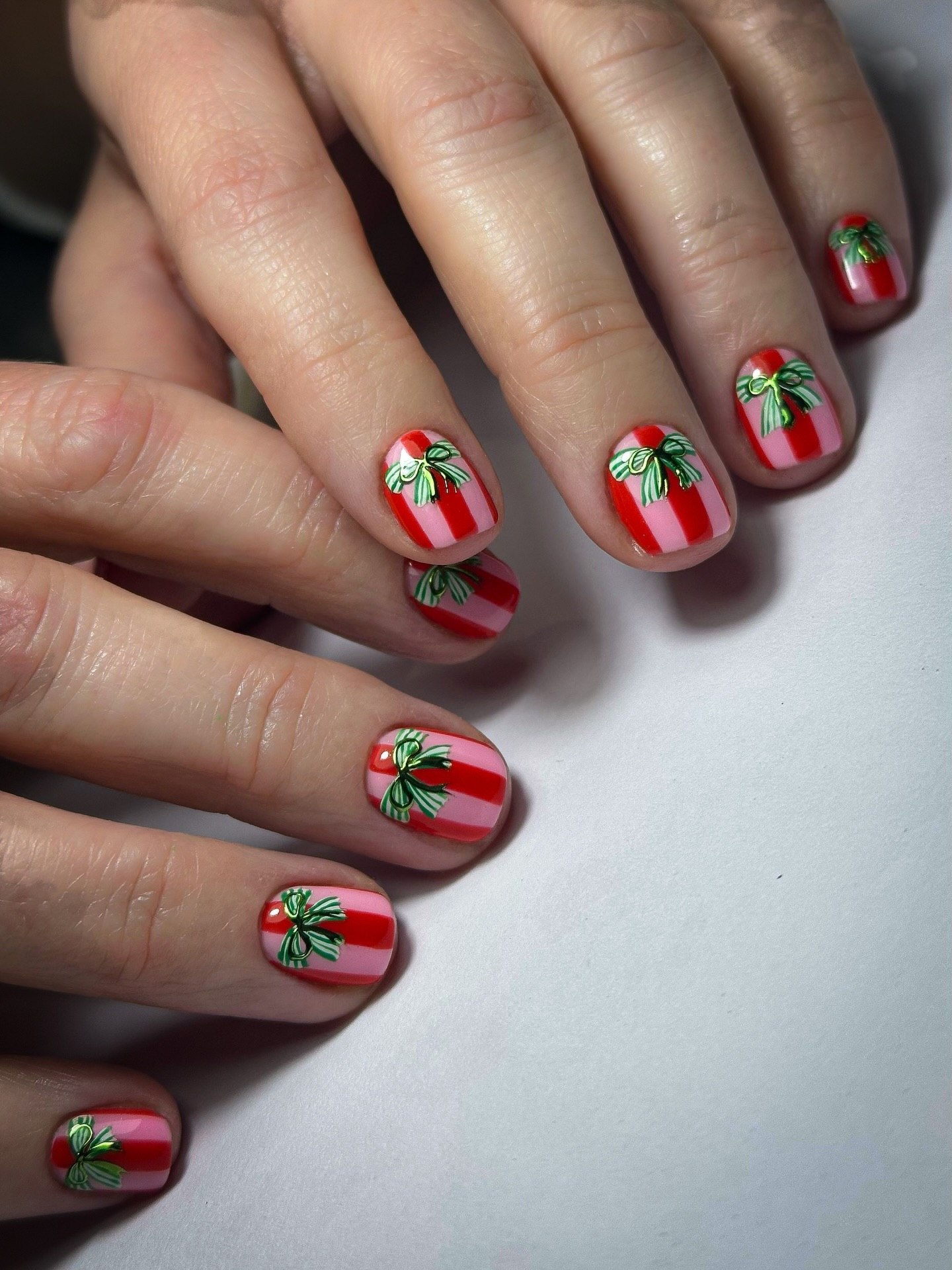 Festive Red and Pink Striped Gift Box Nails