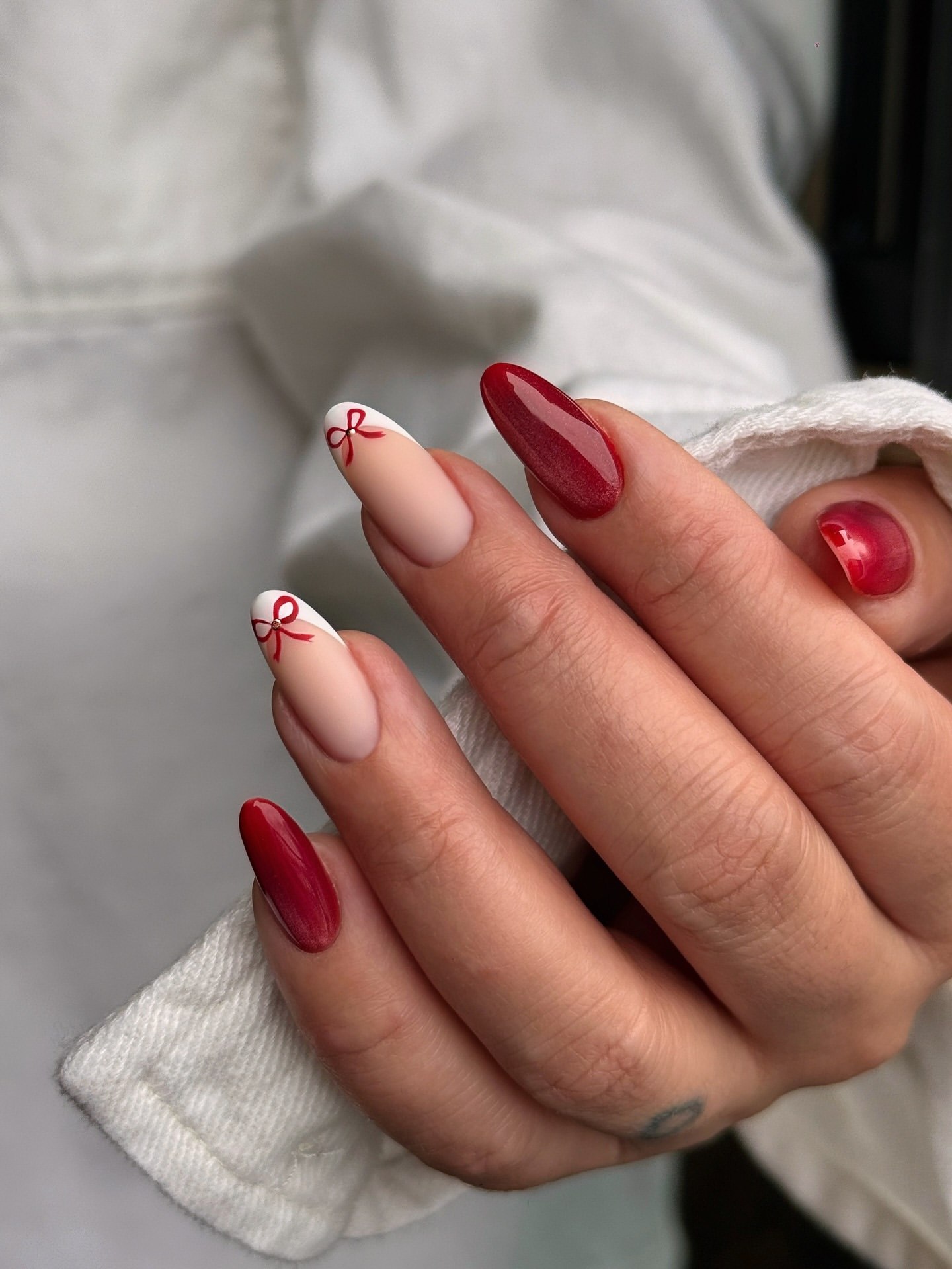 Festive Red Bow Almond French Nails