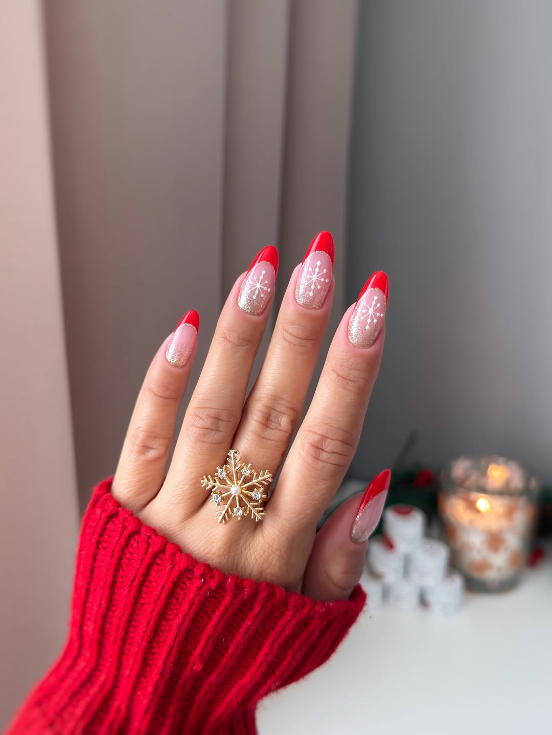 Festive Red French Tip Snowflake Nails