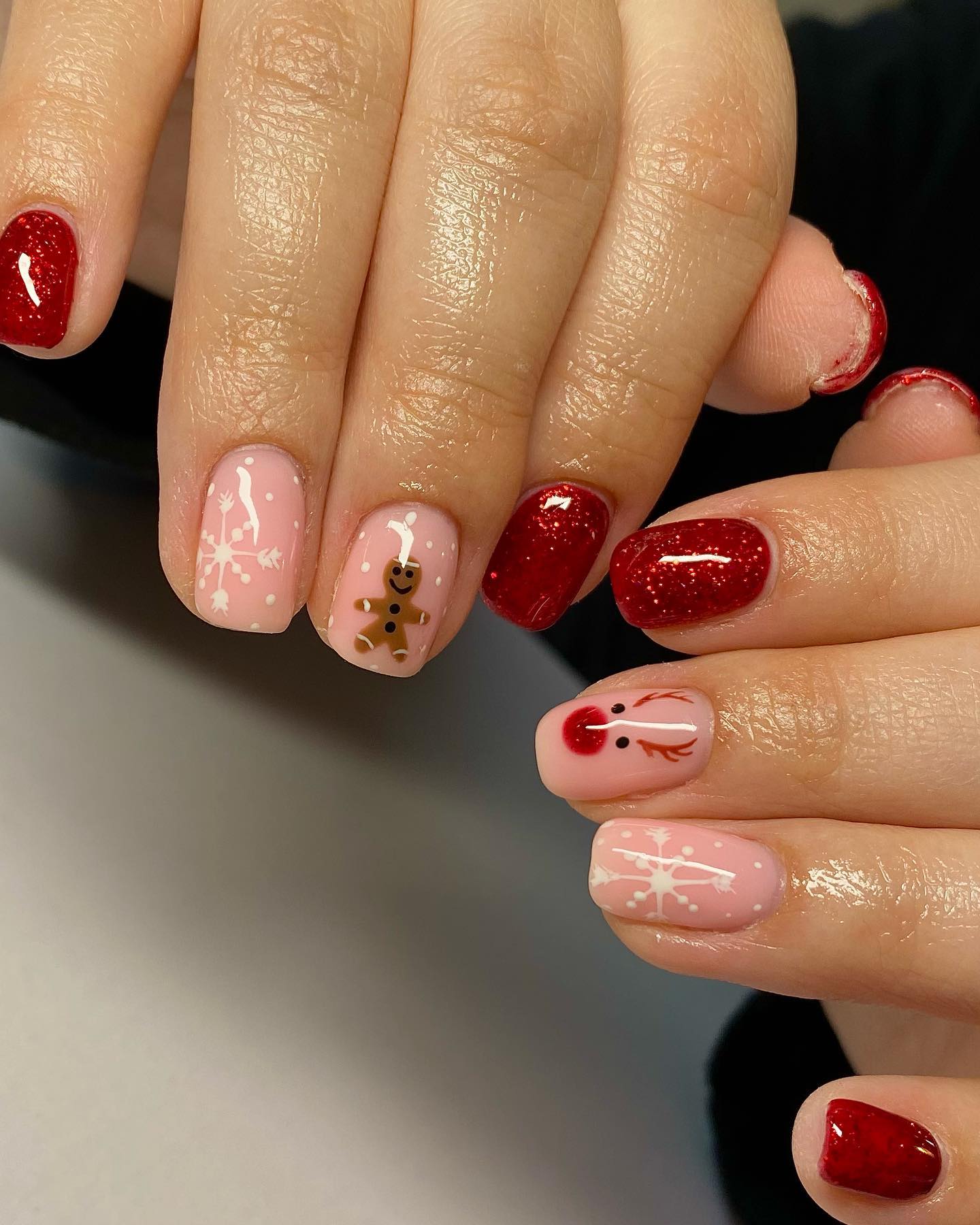 Festive Red Glitter And Gingerbread Nail Art