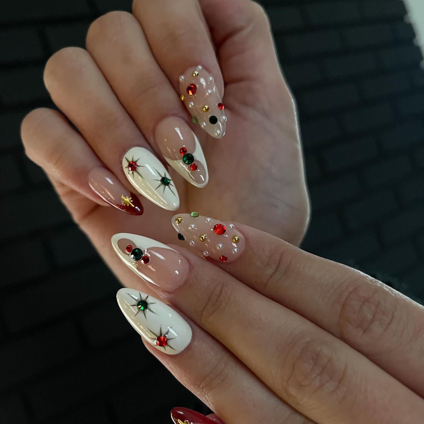 Festive Rhinestone Christmas Almond Nails