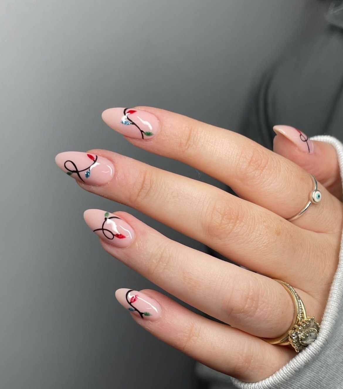 Festive String Light Almond Nails