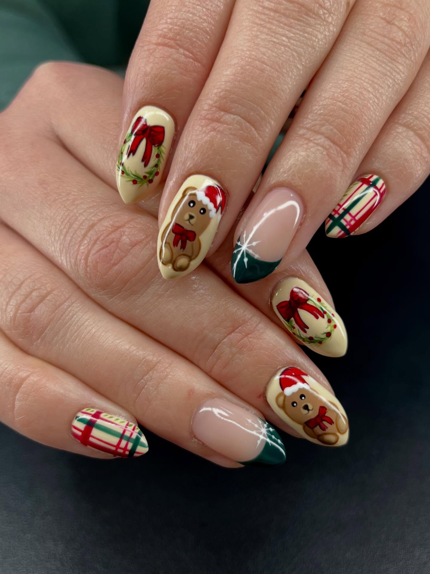 Festive Teddy Bear Christmas French Tip Nails