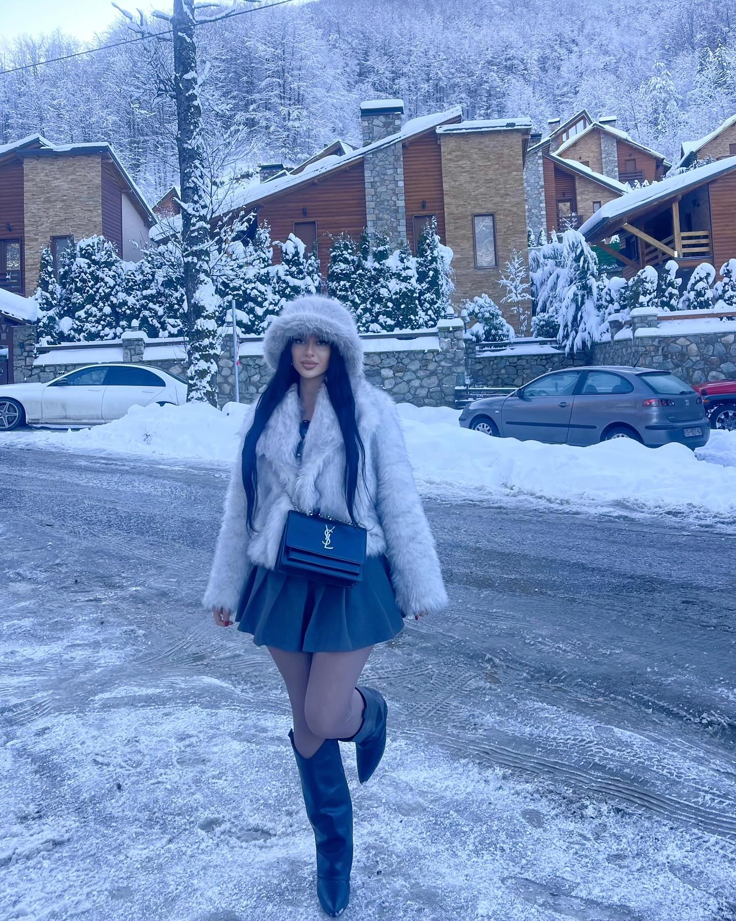 Fluffy Faux Fur Coat And A-Line Skirt Winter Ensemble