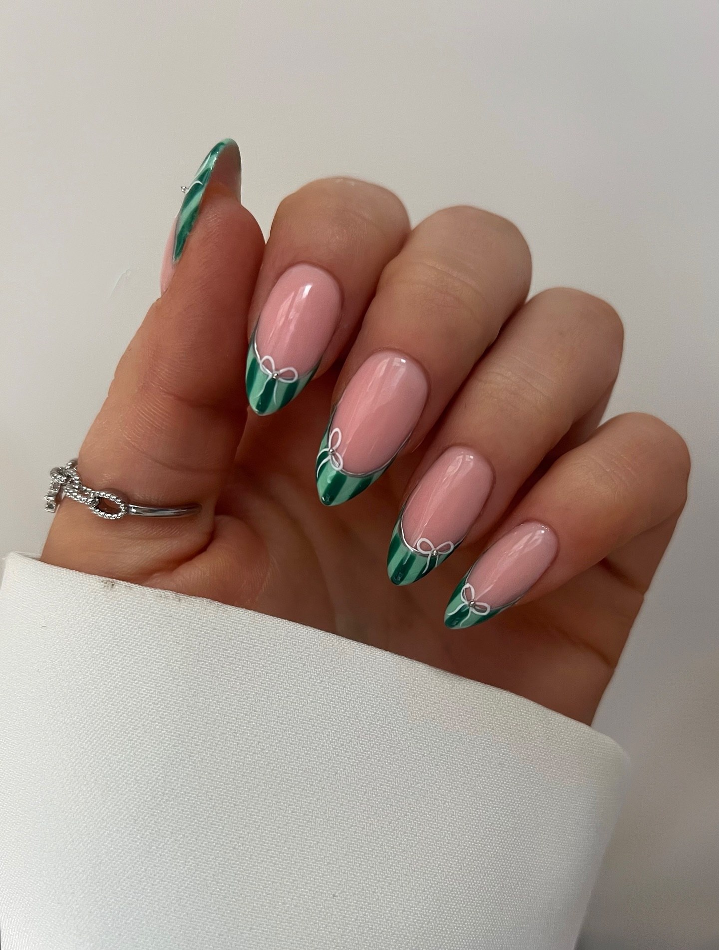 French Tip Green Stripe Bow Nails