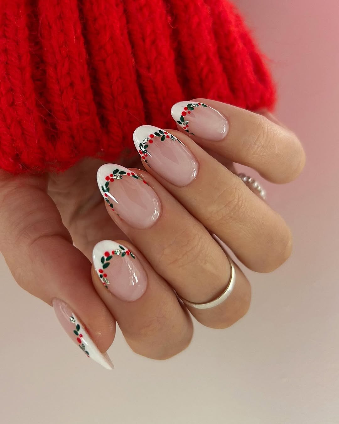 French Tip Holly Berry Christmas Nails