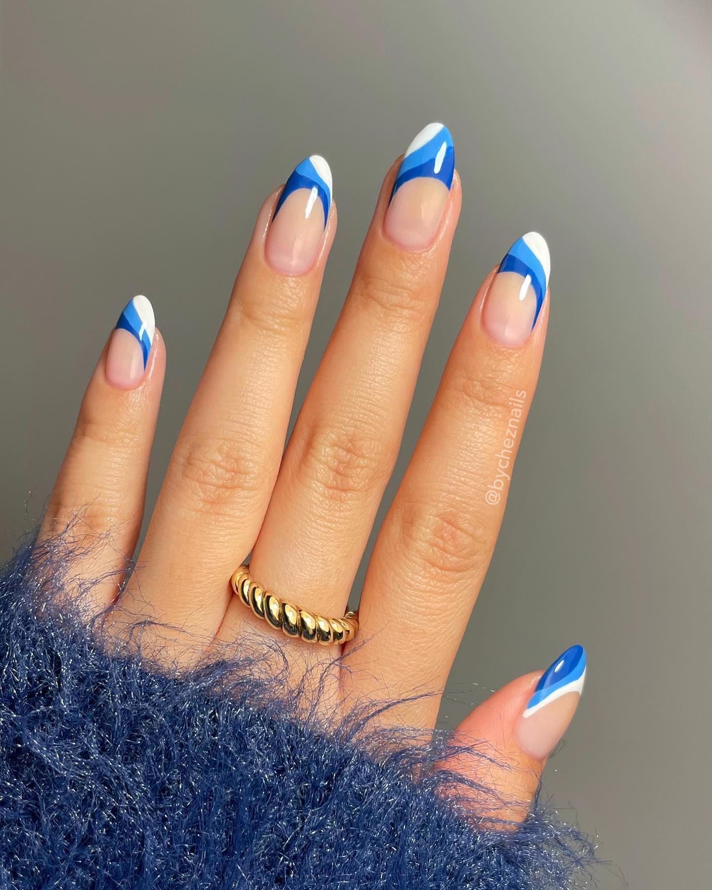 Geometric Blue and White French Tip Almond Nails