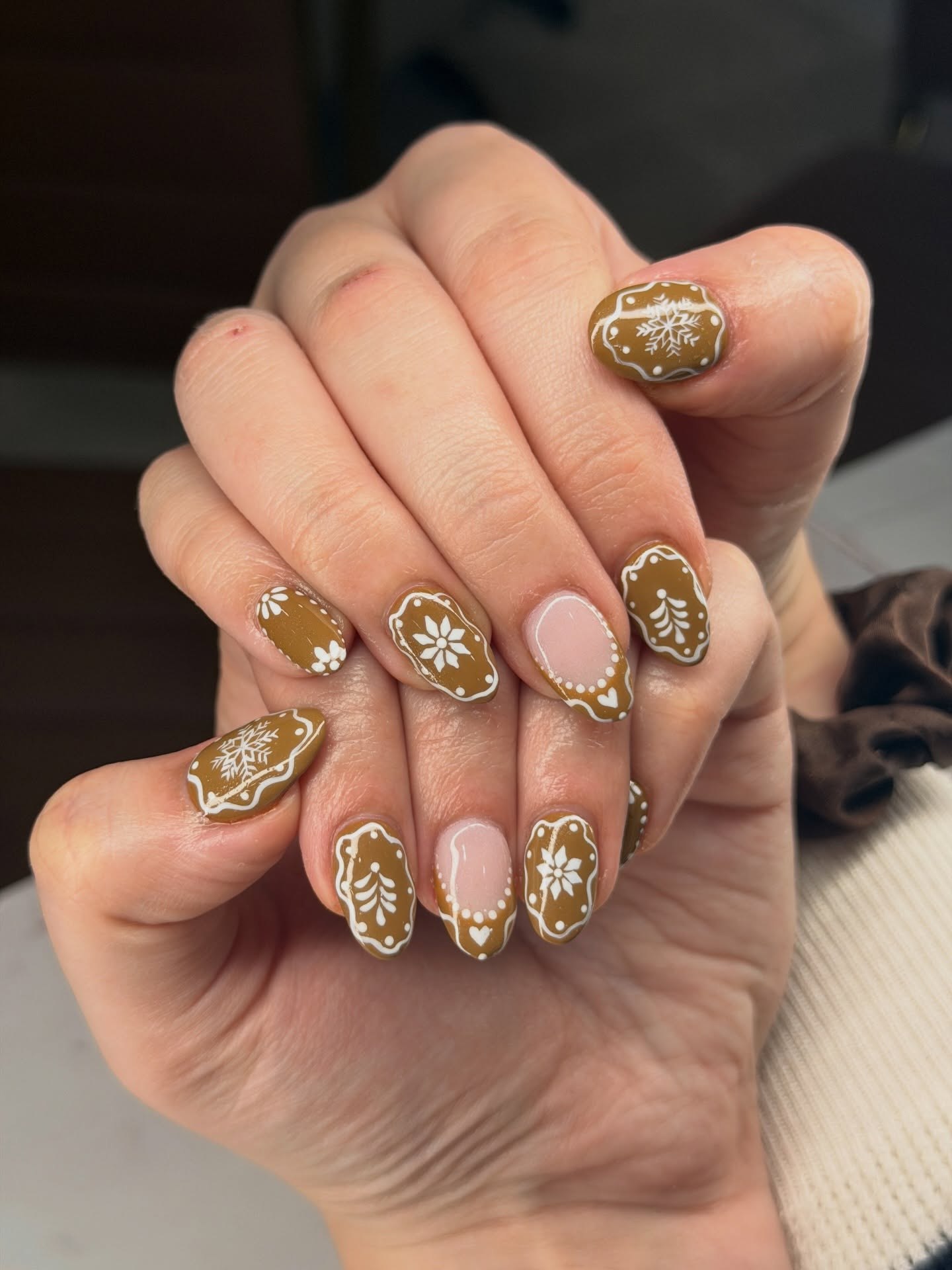 Gingerbread Cookie Almond Nails with White Icing Art