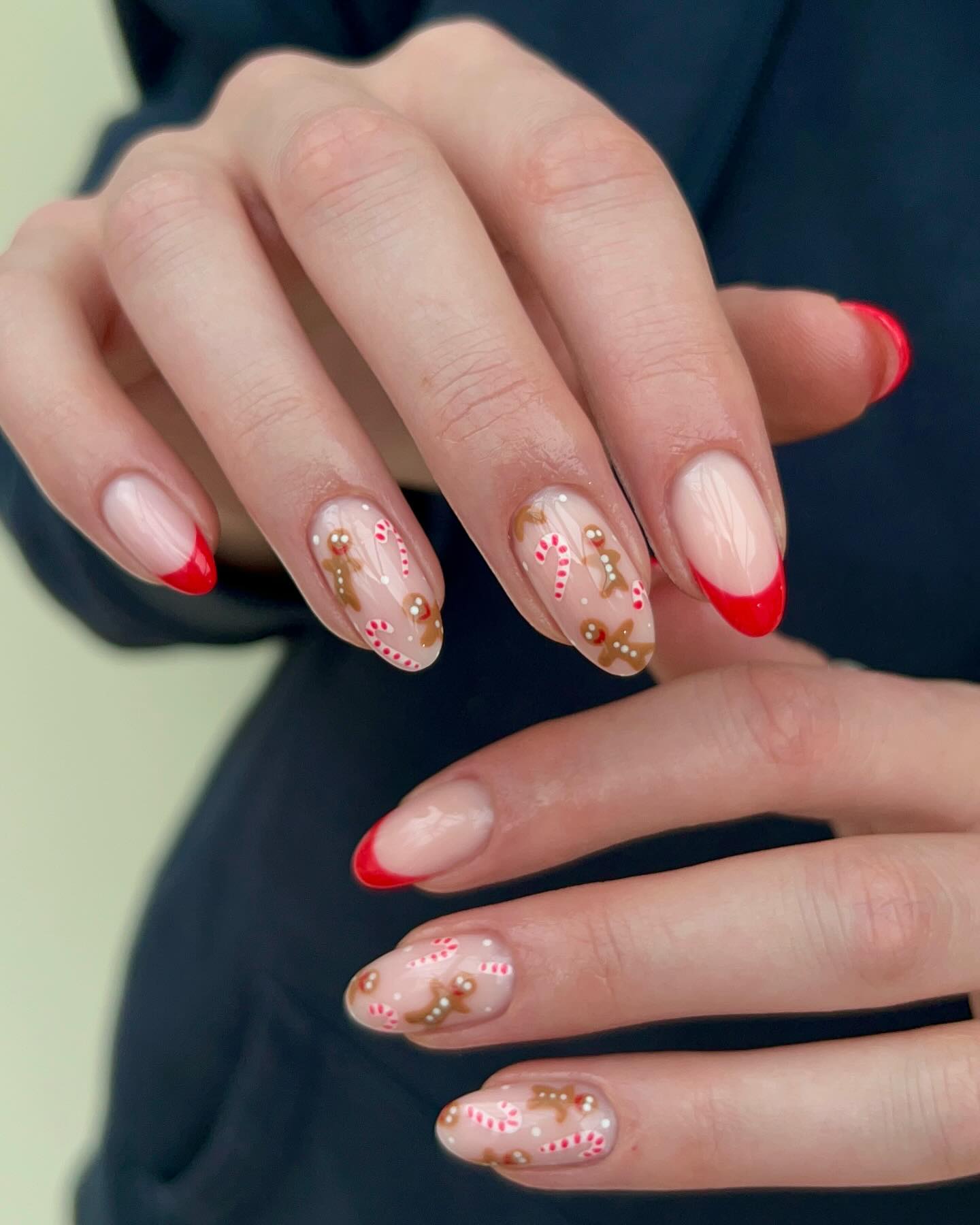 Gingerbread French Manicure with Candy Cane Accents