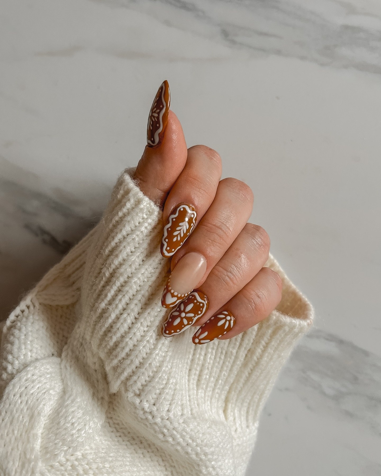 Gingerbread Lace Almond French Tip Nails