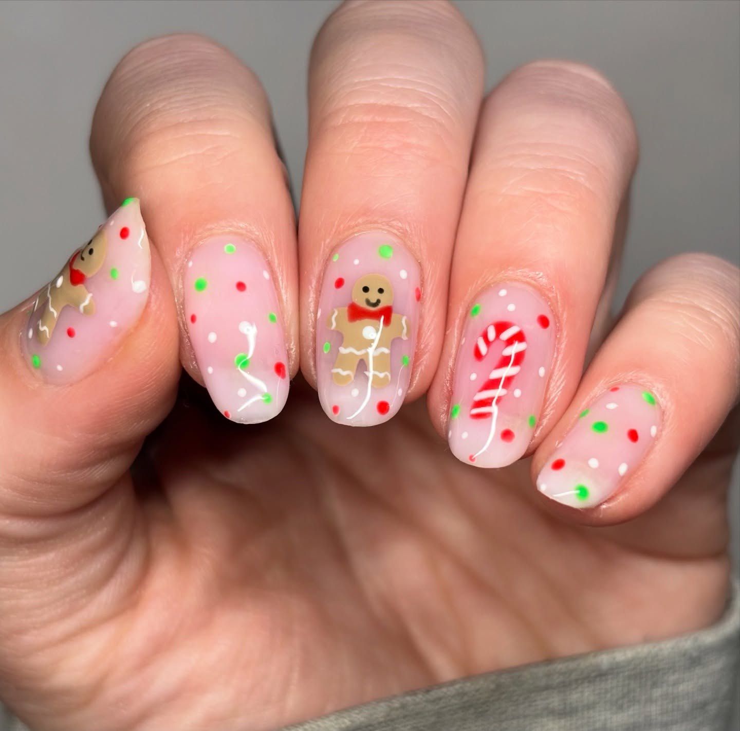 Gingerbread Man Candy Cane Christmas Nails