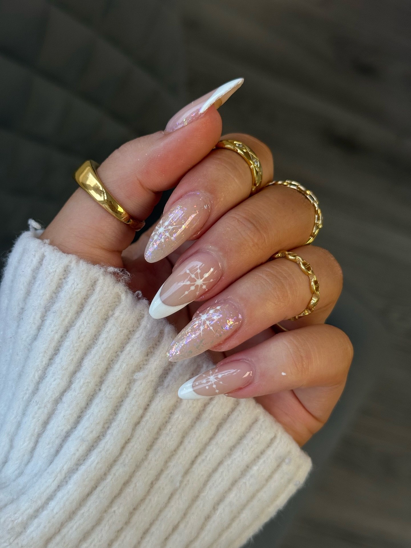 Glitter Snowflake French Tip Almond Nails