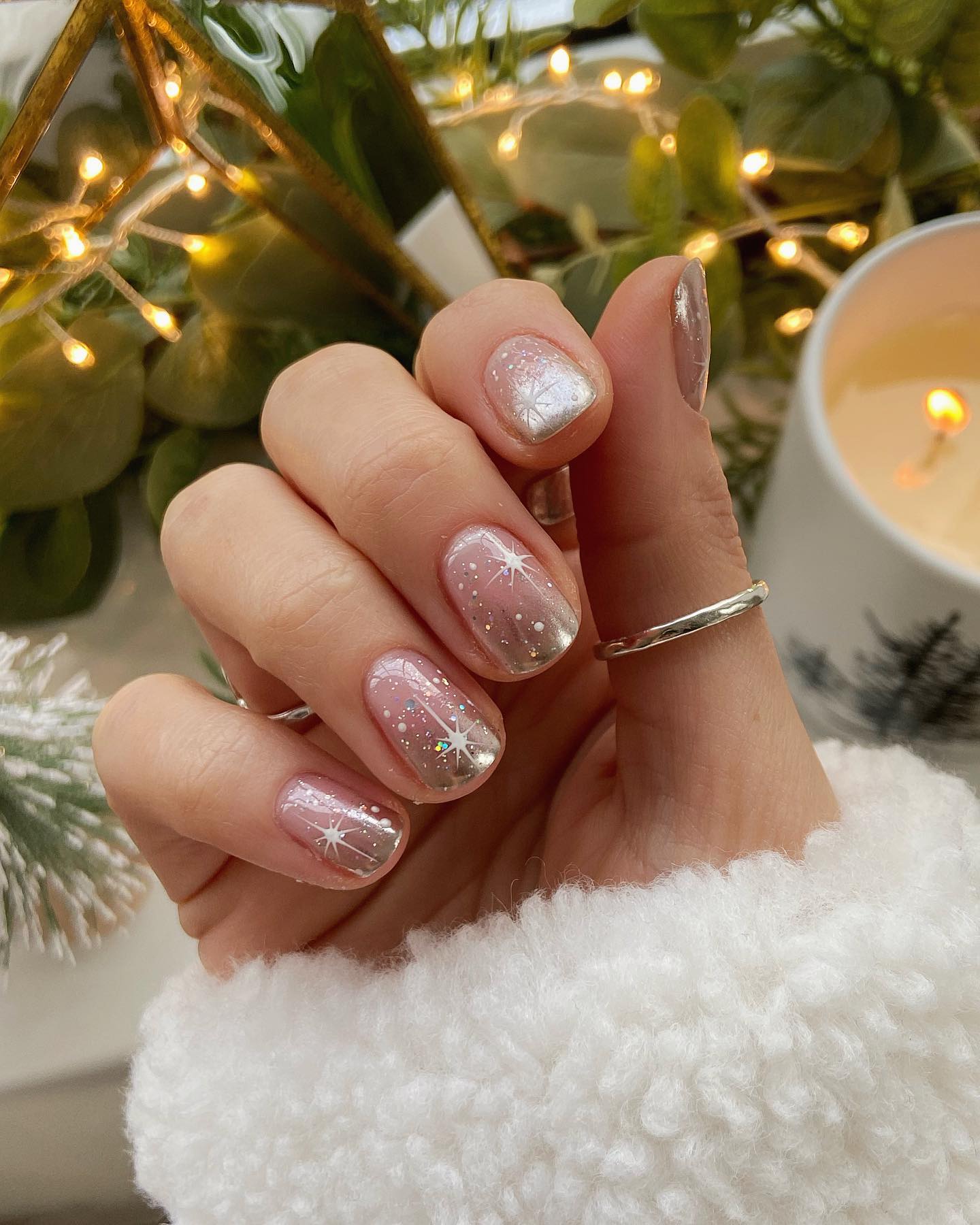 Glittering Silver French Tips with Winter Stars