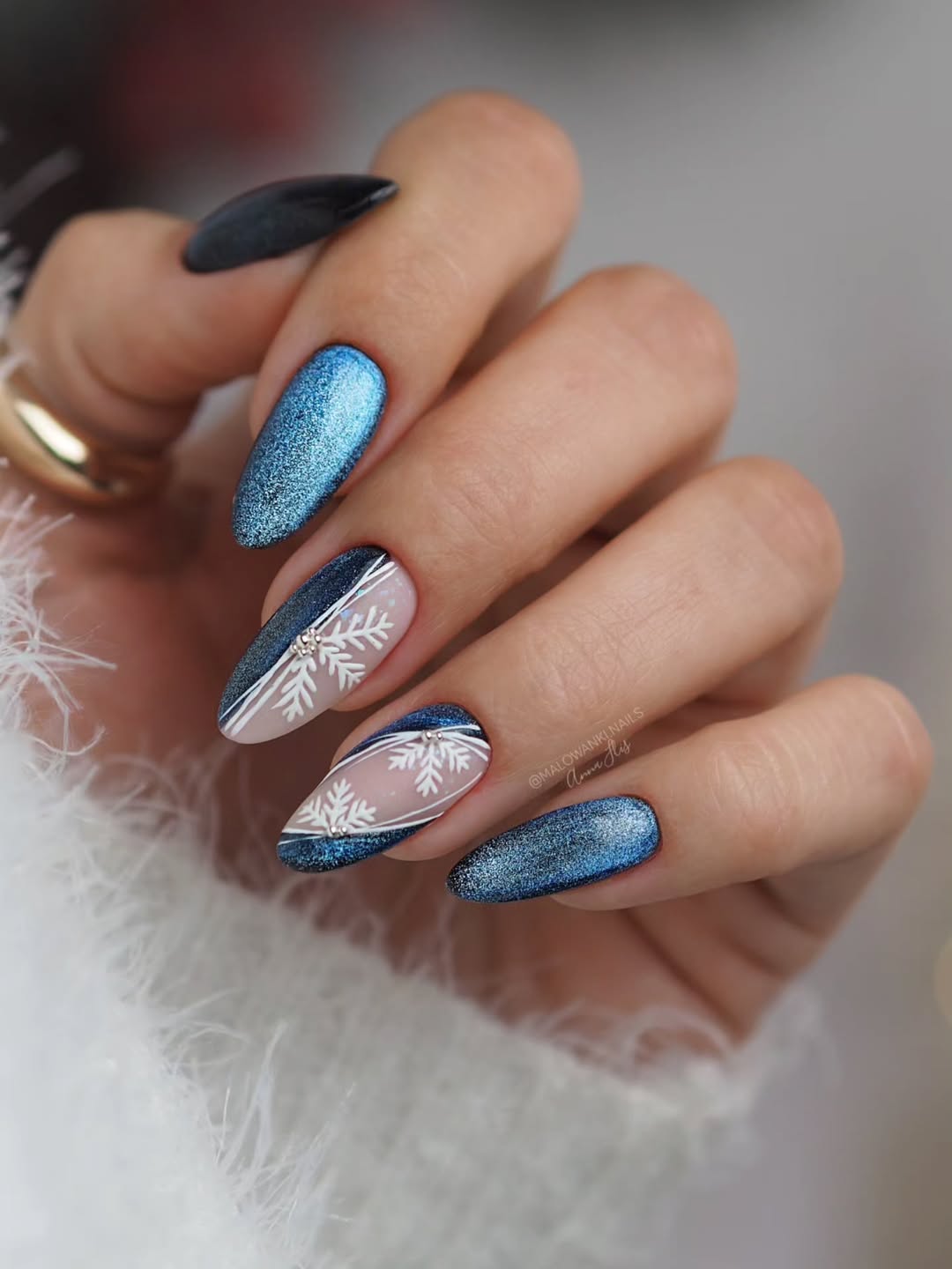 Glittering Snowflake Almond Nails