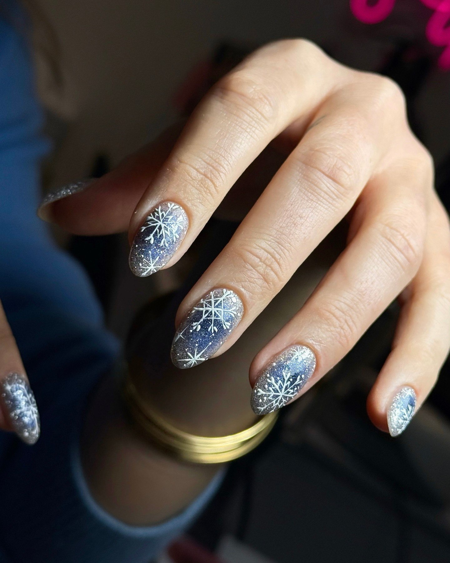 Glittery Snowflake Almond Nails