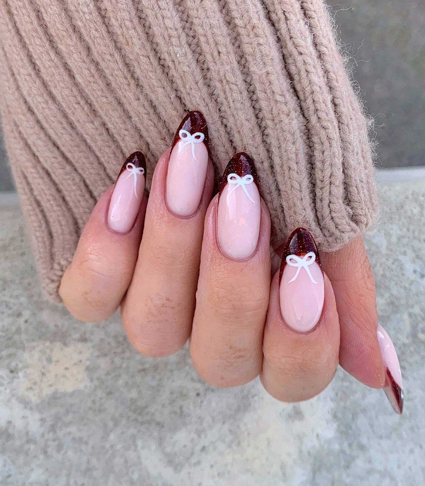Glossy Burgundy French Tips with White Bows