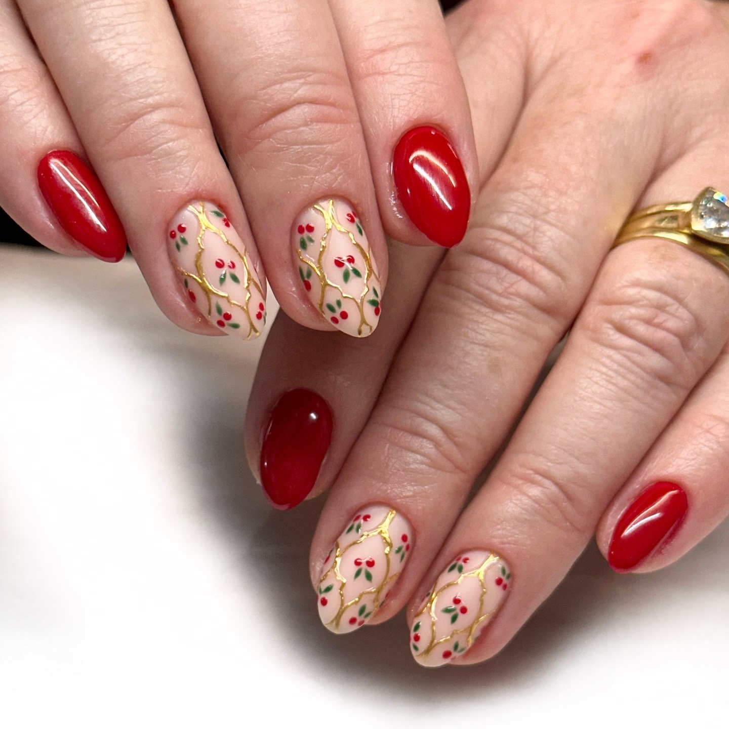 Glossy Cherry Red & Holly Berry Almond Nails