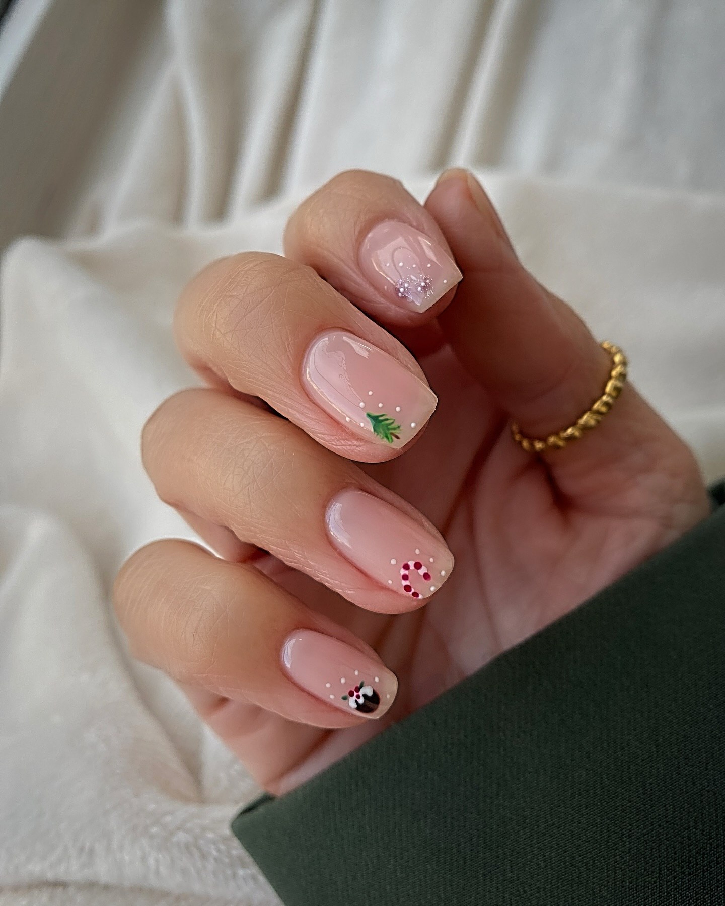 Glossy Nude Nails With Festive Holiday Art