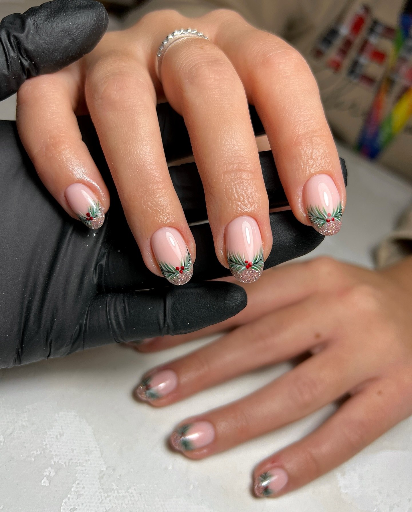 Glossy Nude Nails With Festive Pine Art