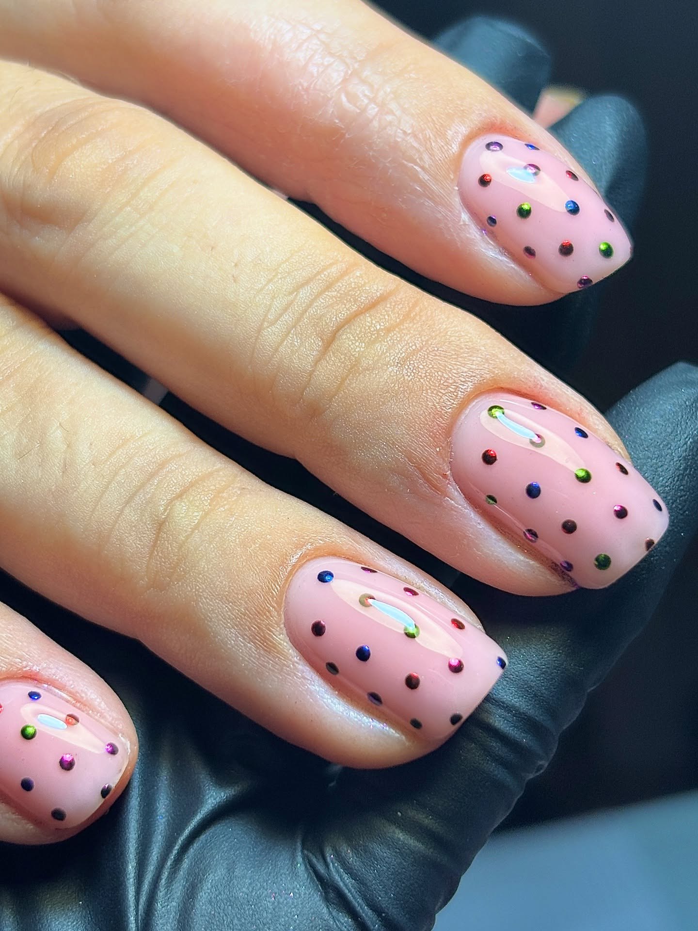 Glossy Nude Pink Christmas Light Dot Nails