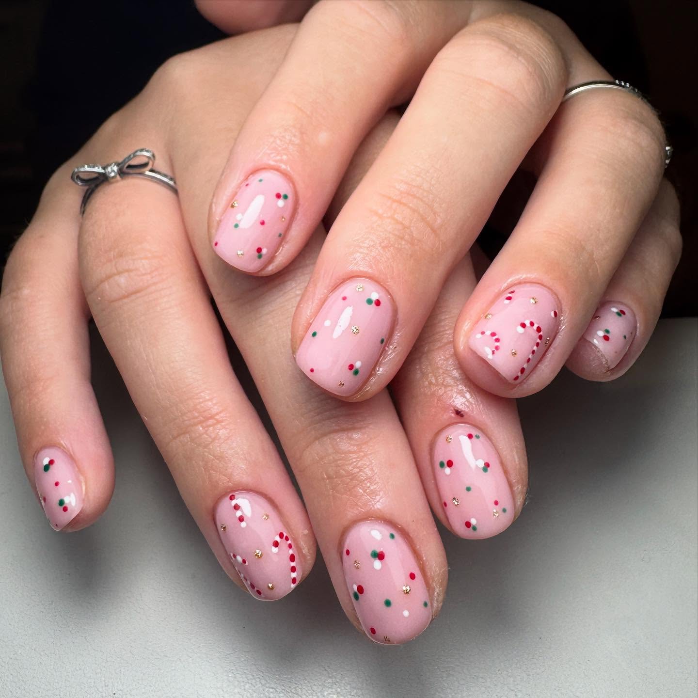 Glossy Sheer Pink Short Squoval Candy Cane Nails