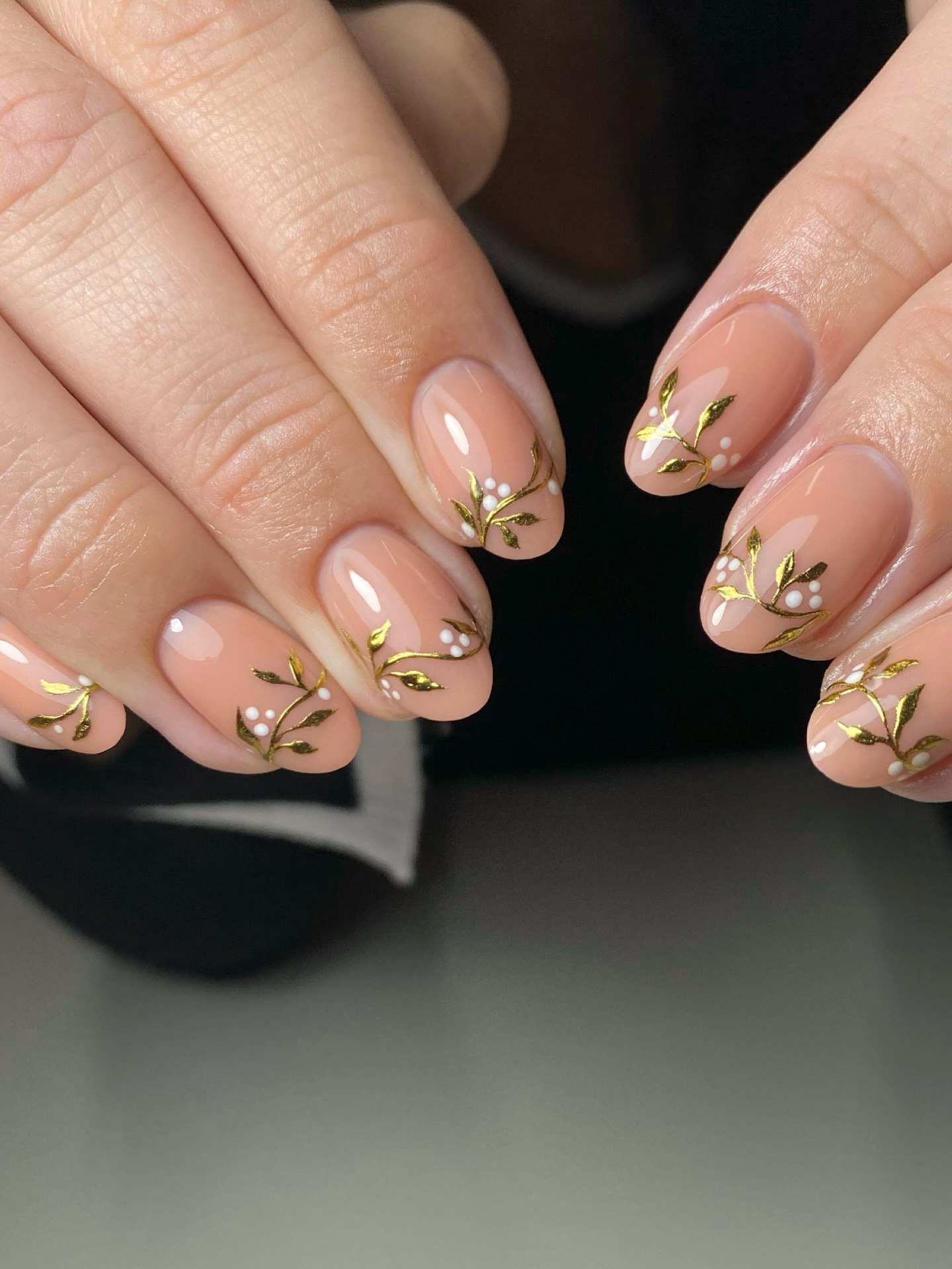 Gold Leaf Vine Milky Oval Nails