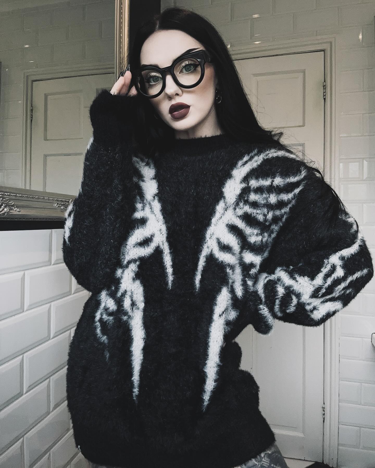 Goth Graphic Knit Sweater With Bold Glasses