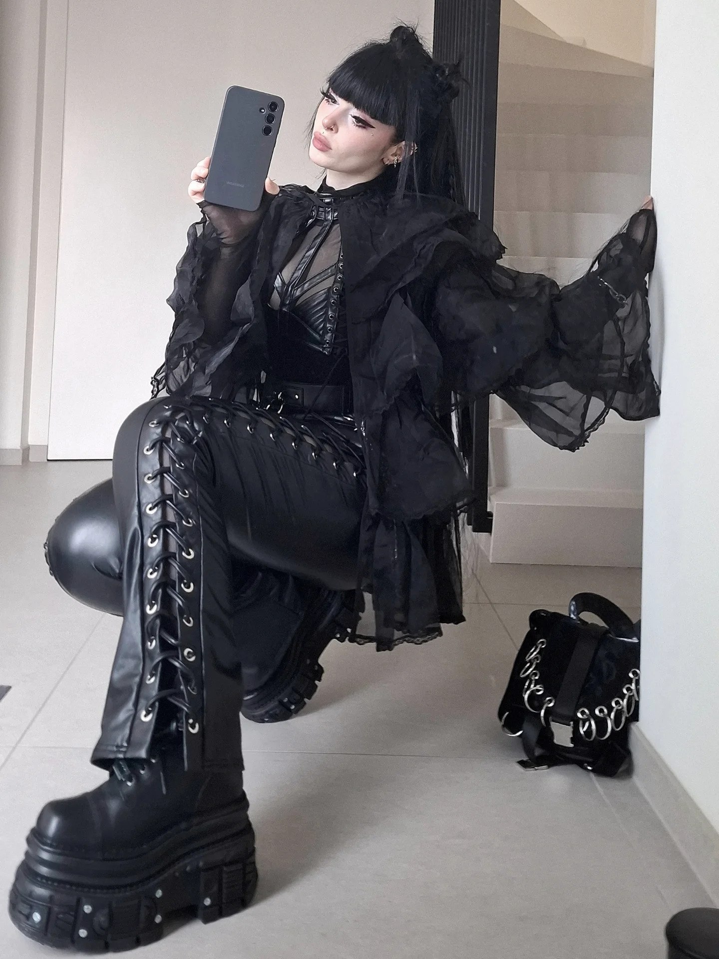 Gothic Lace-Up Pants And Sheer Ruffle Top