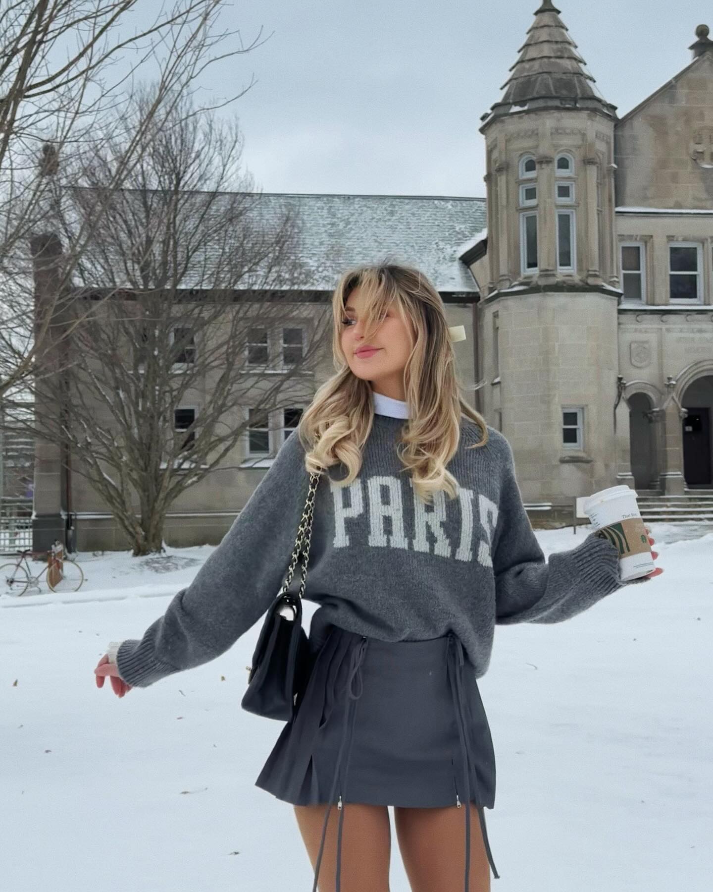 Grey Paris Sweater With Pleated Mini Skirt