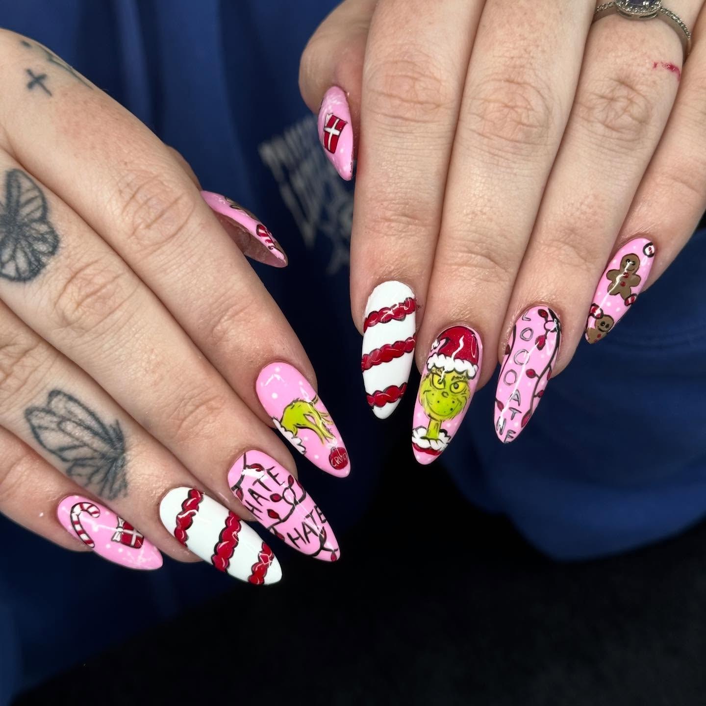 Grinch Christmas Candy Cane Nail Art
