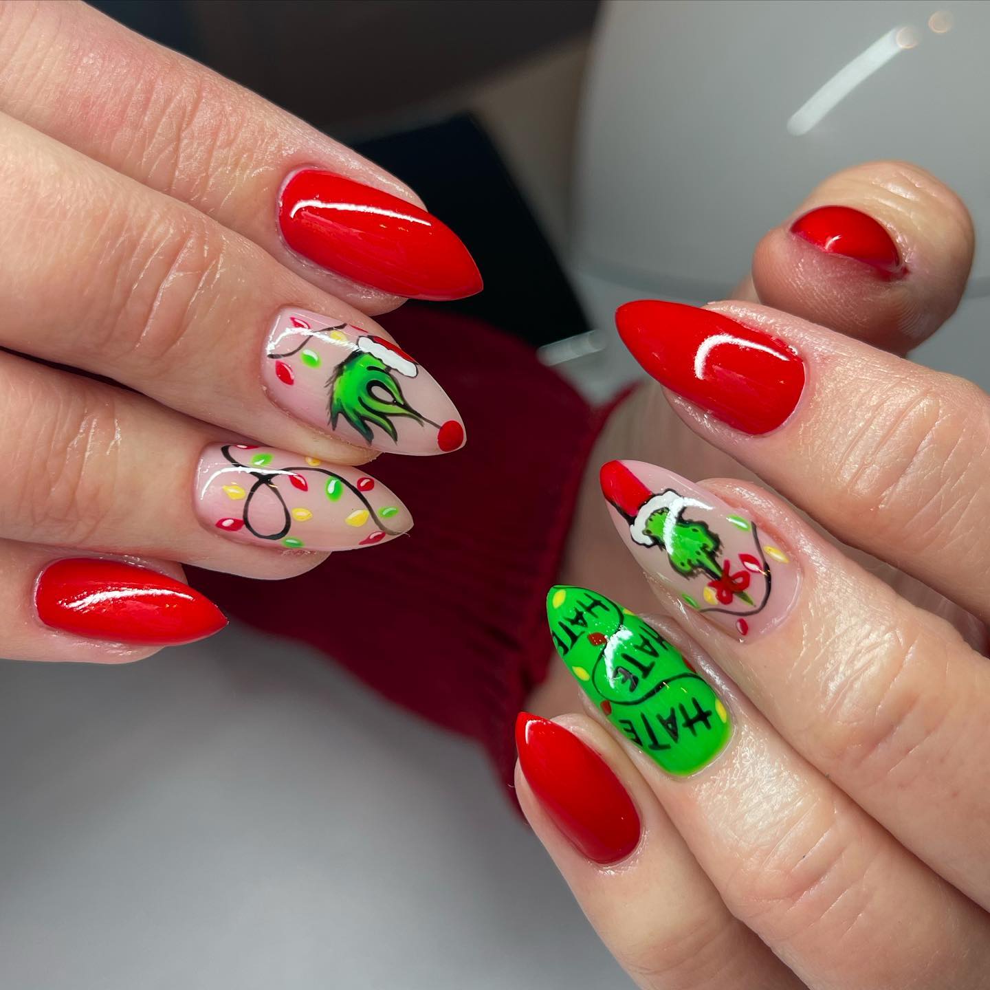 Grinch Christmas Lights Stiletto Nails