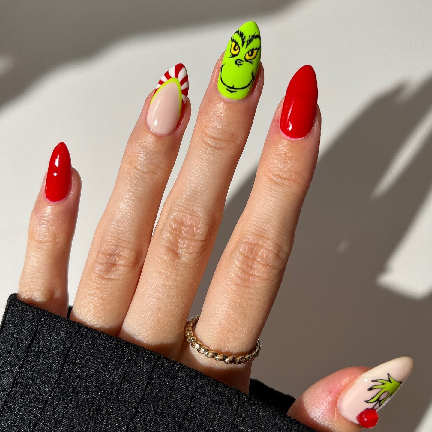 Grinch Face & Candy Cane French Tip Christmas Nails