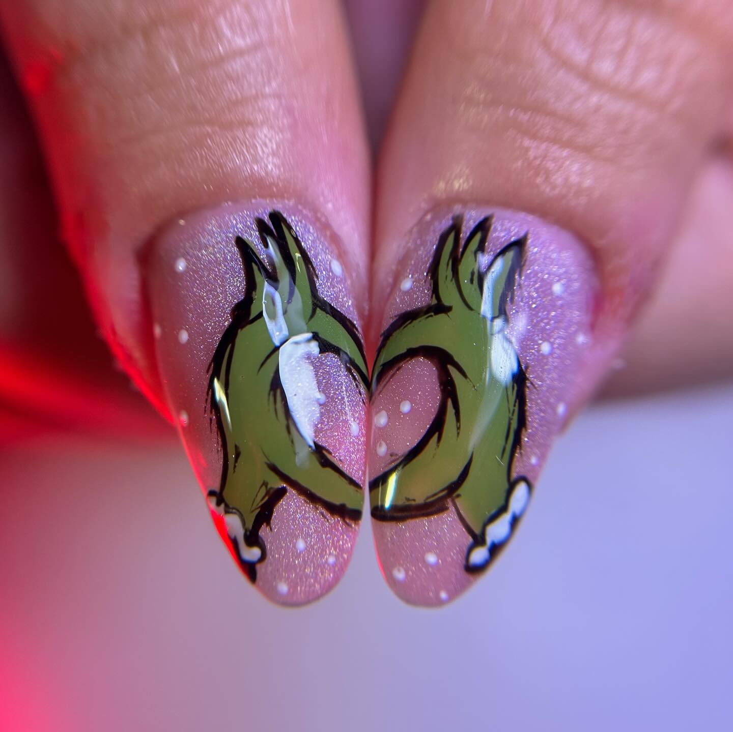 Grinch Heart Hand-Painted Festive Almond Nails