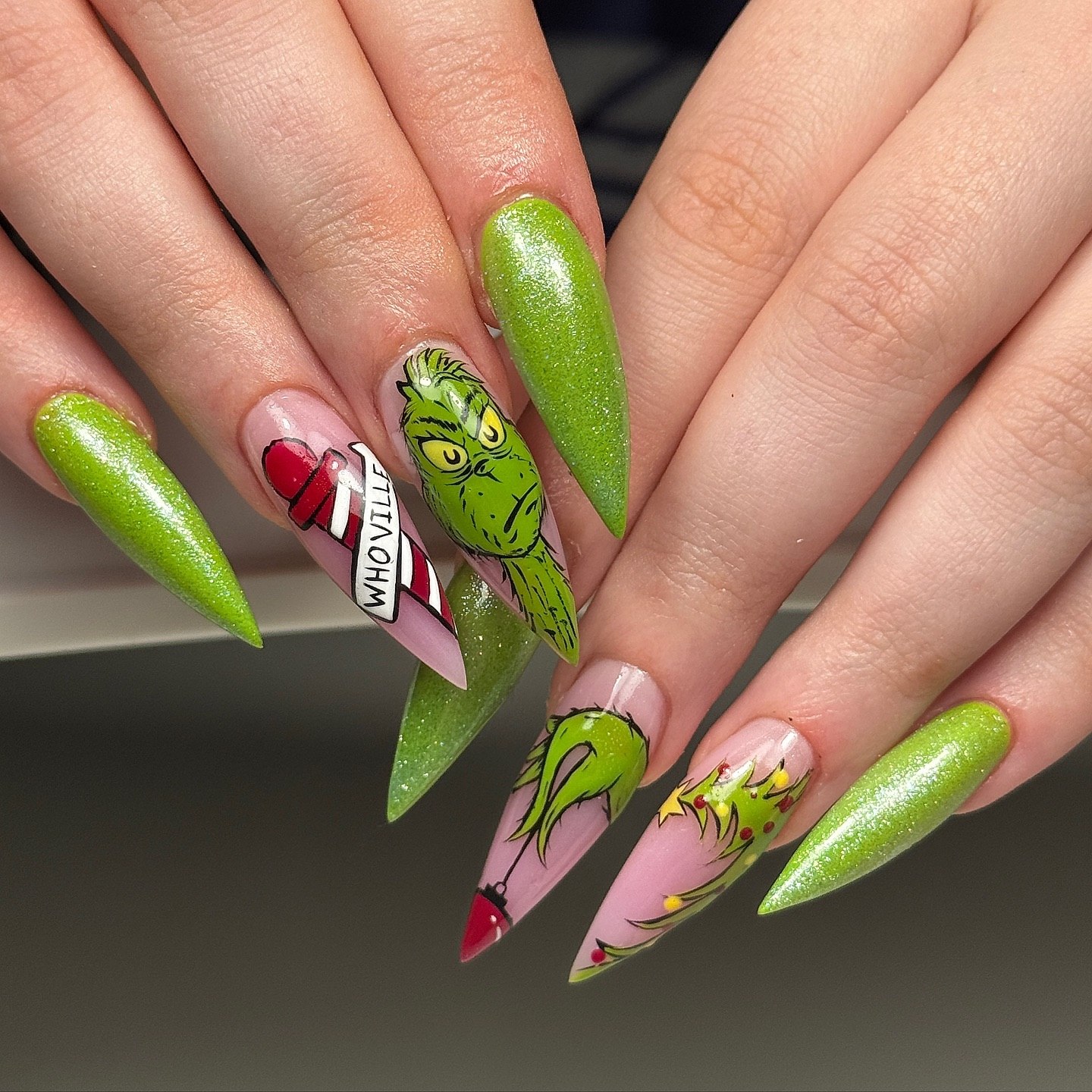 Grinch Holiday Character Stiletto Nails