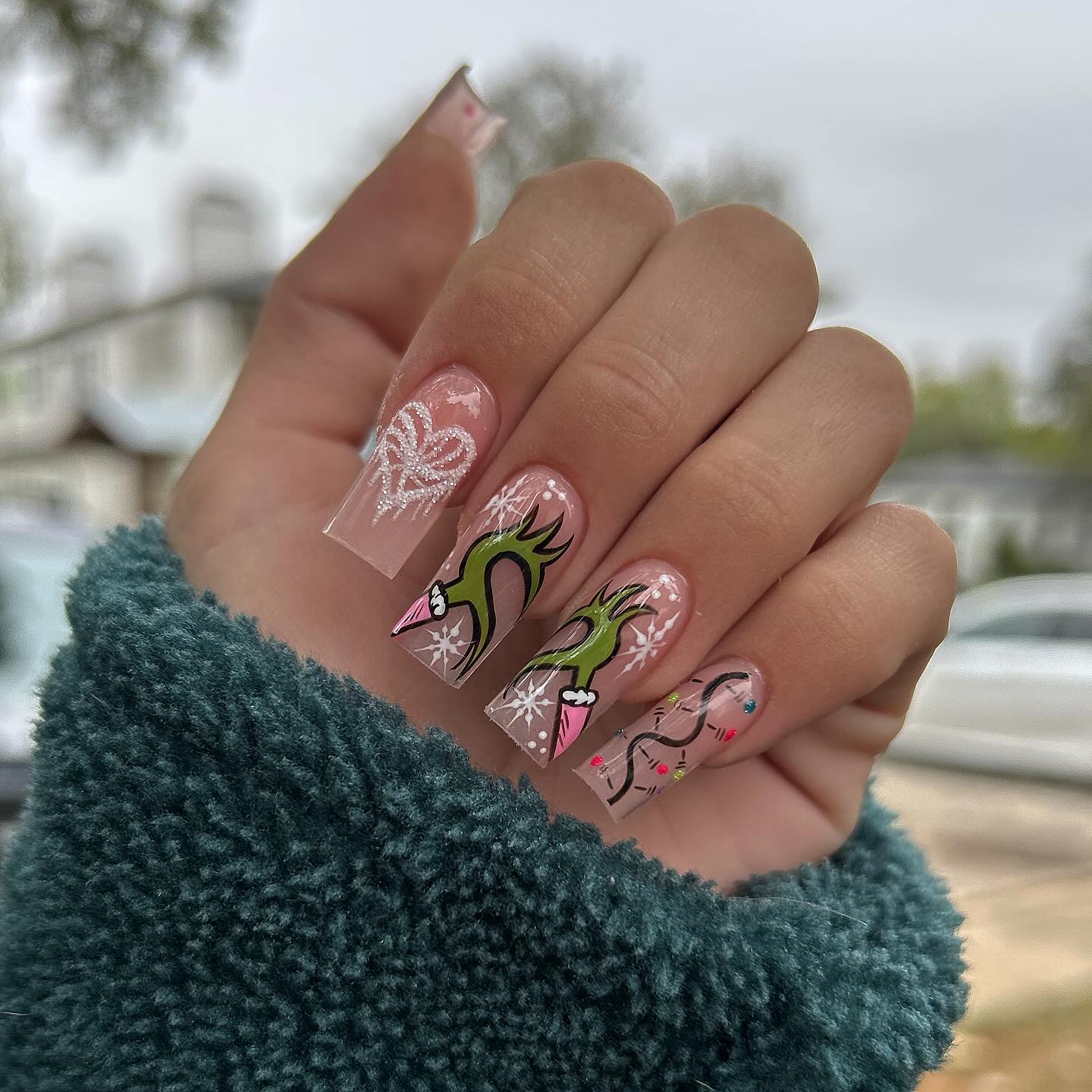 Grinch Holiday Nail Art Square French Tips