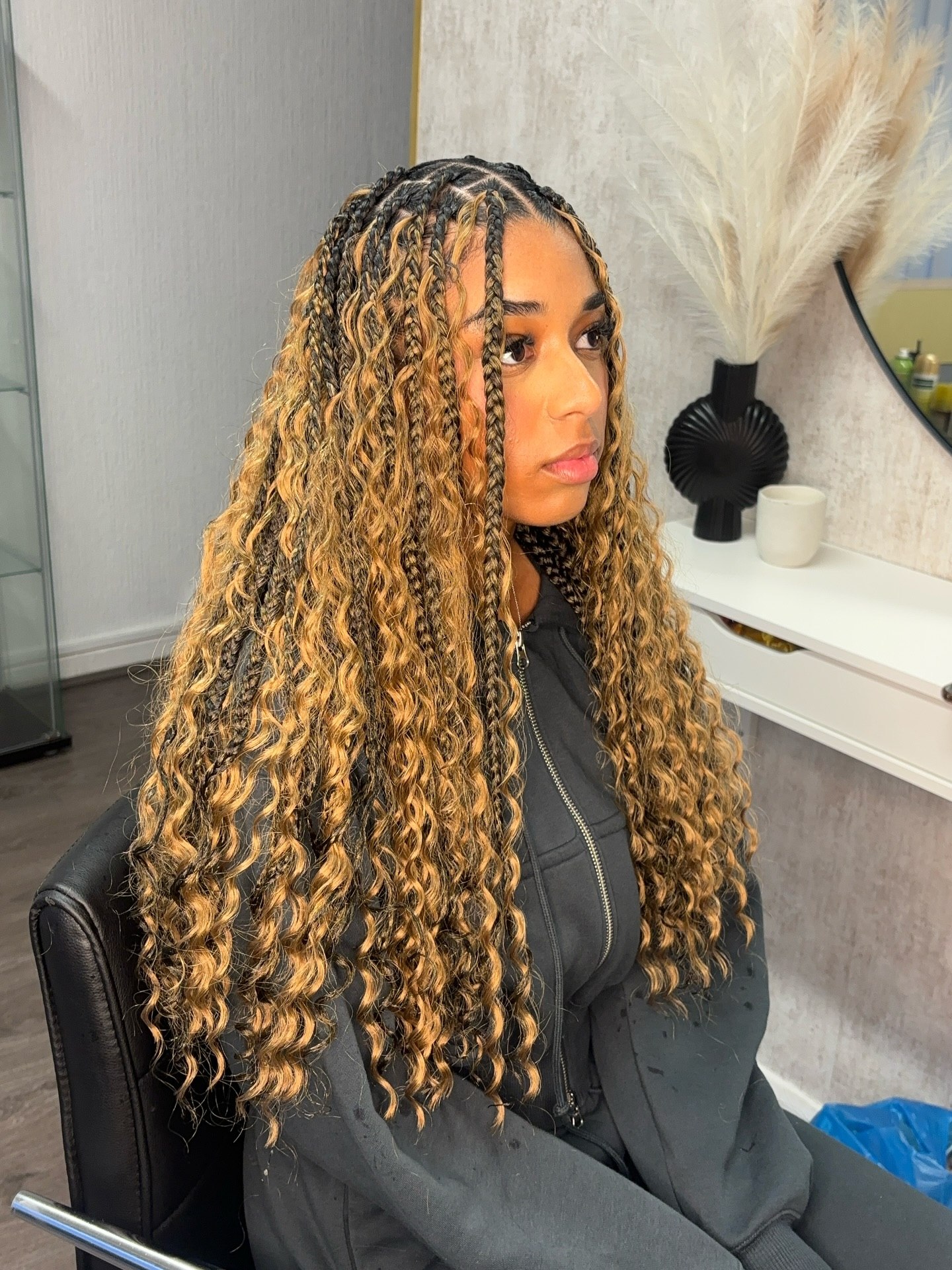 Honey Blonde Goddess Braids With Curls