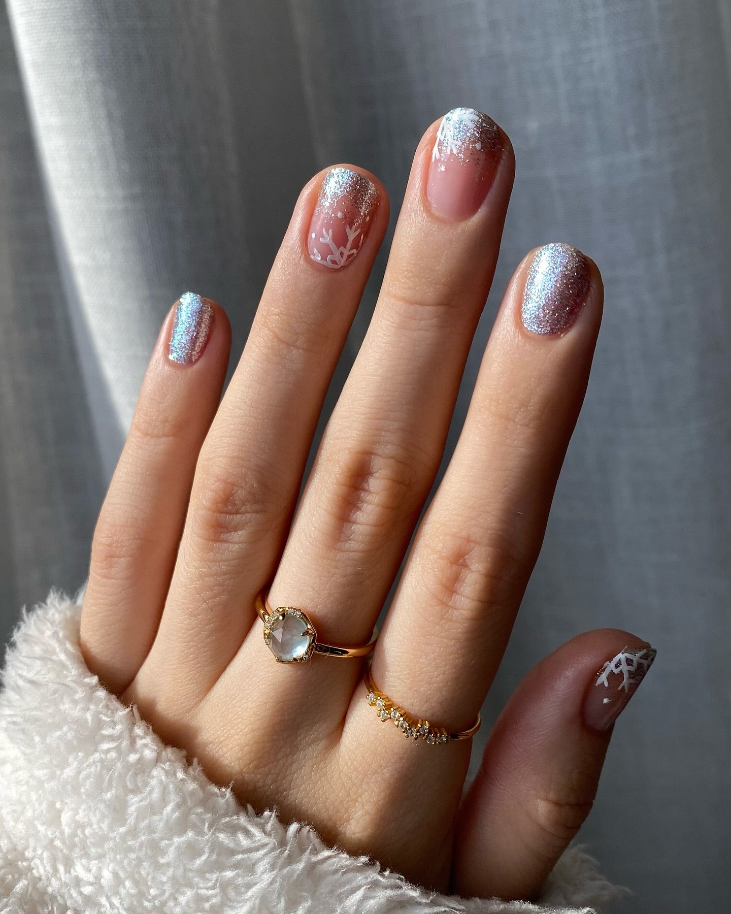 Icy Blue Glitter Snowflake Short Squoval Nails