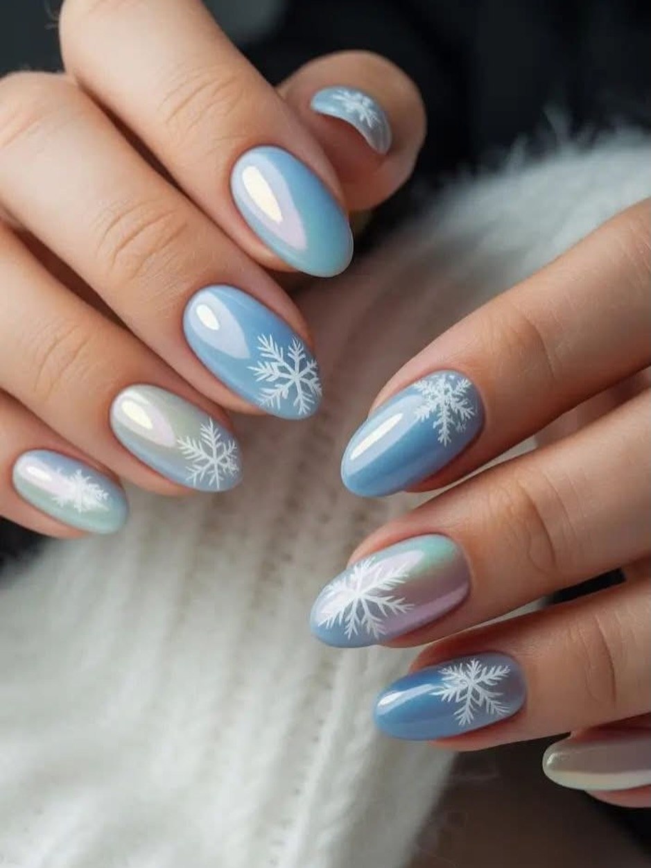 Icy Blue Snowflake Chrome Oval Nails