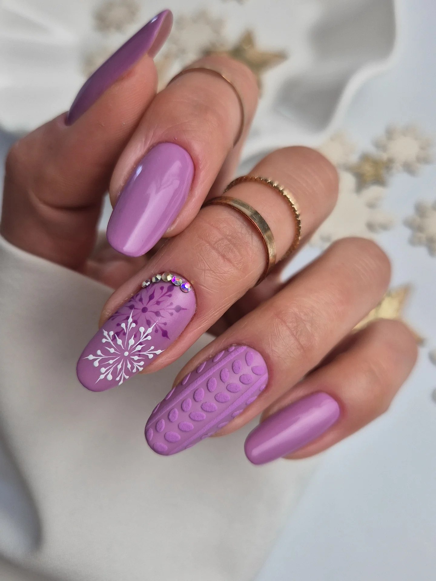 Lilac Snowflake Matte Stiletto Nails