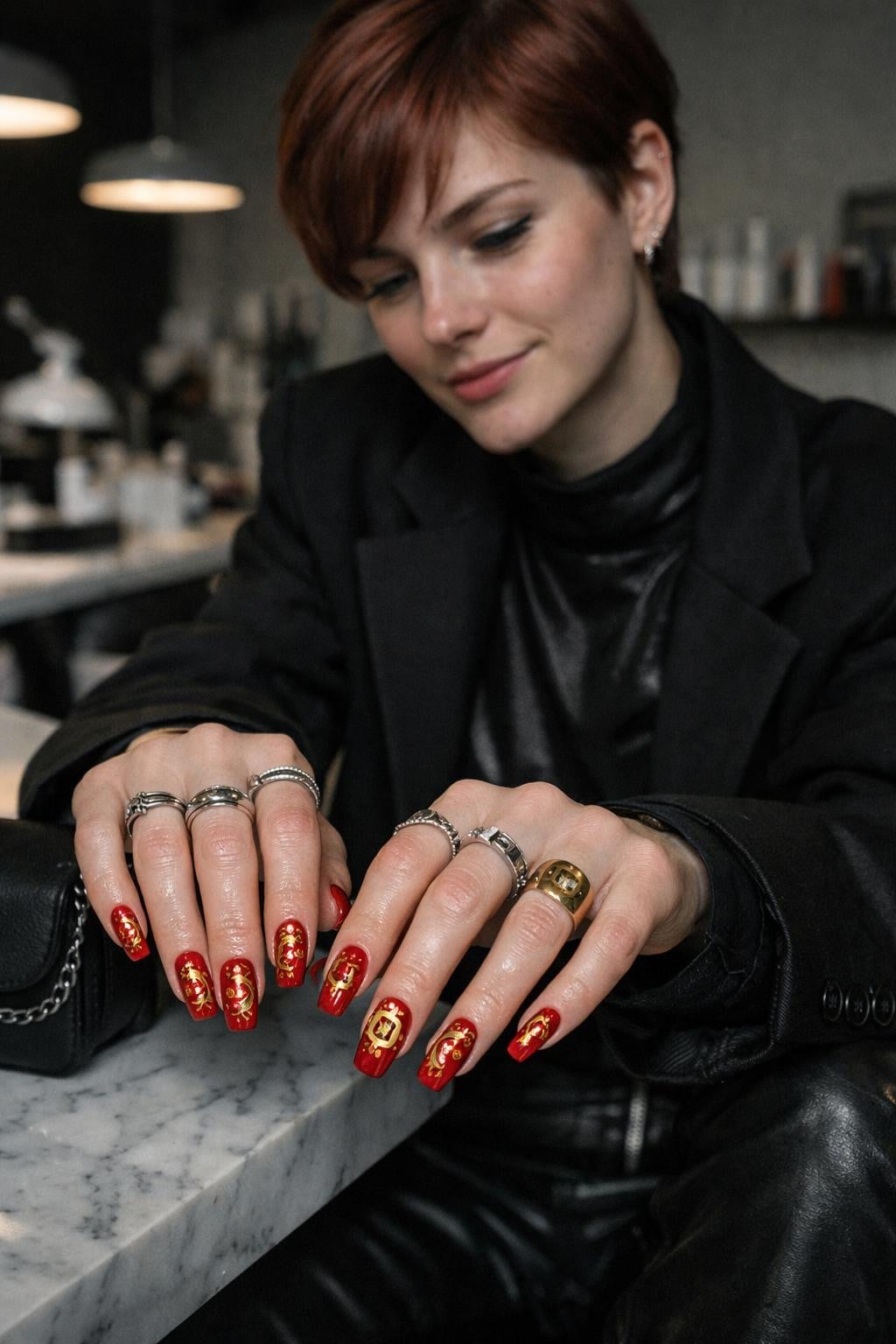 Medium Square Red Nails Gold Patterns — Lunar New Year Nails