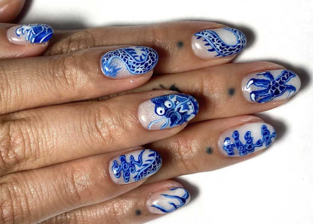 Short Square Nails With Blue Dragons — Lunar New Year Nails